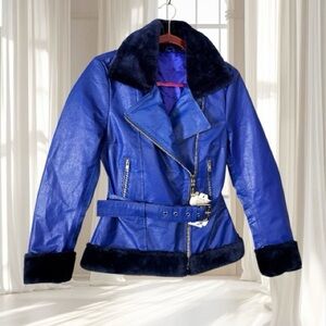 VTG Blue Leather Fur Trim Jacket Size XS